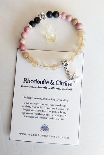 Rhodonite & Citrine Lava Stone Bracelet With Essential Oil